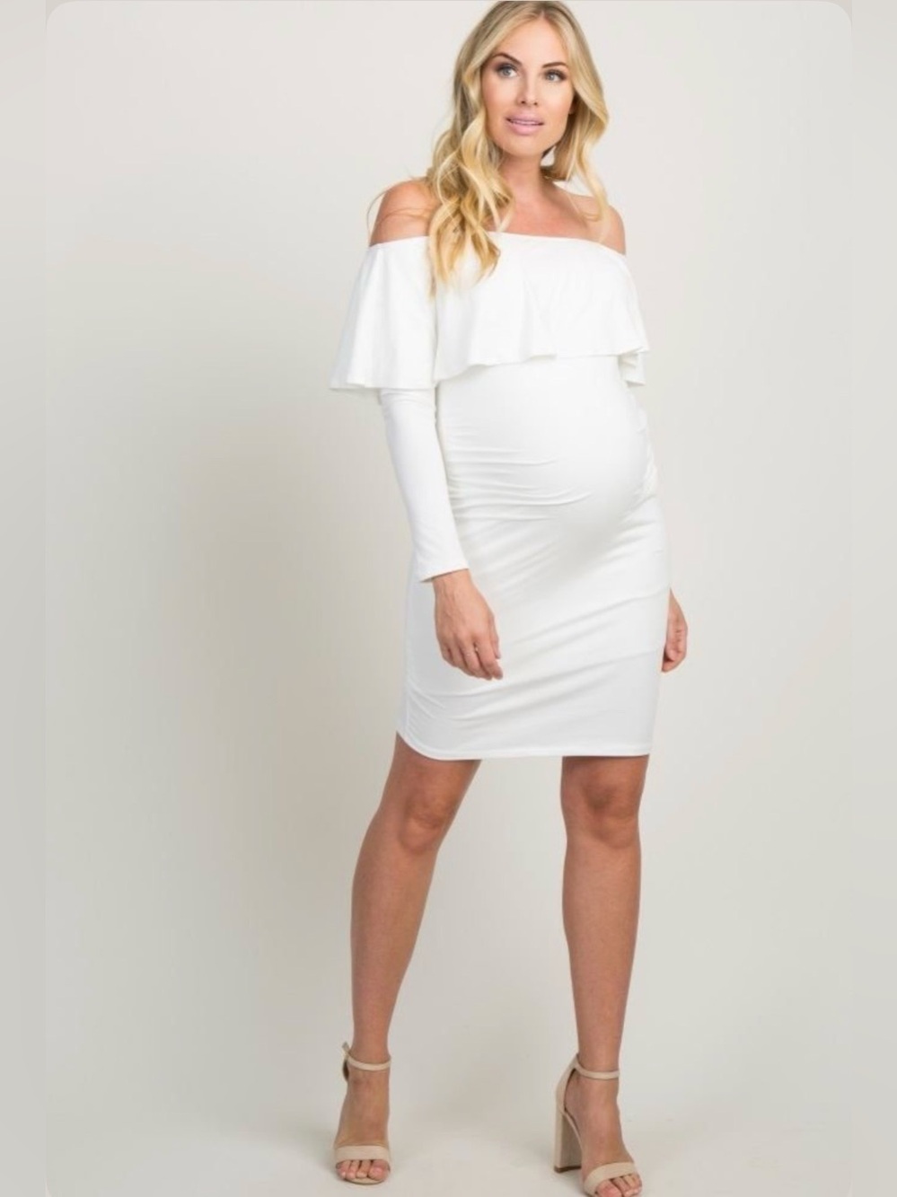 Pinkblush Off-Shoulder long sleeve ruffle bodycon Maternity Mini Dress nwot